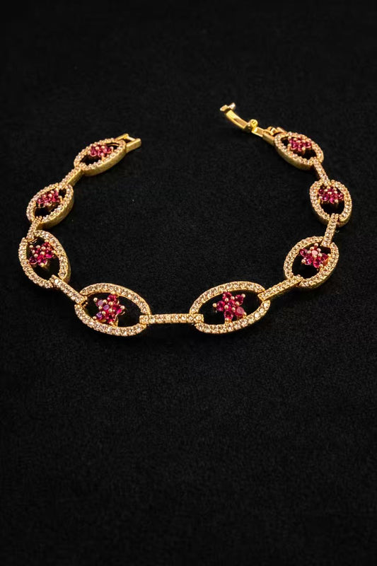 White Red Stones  Round Star Shaped Gold  Plated Tennis Bracelet