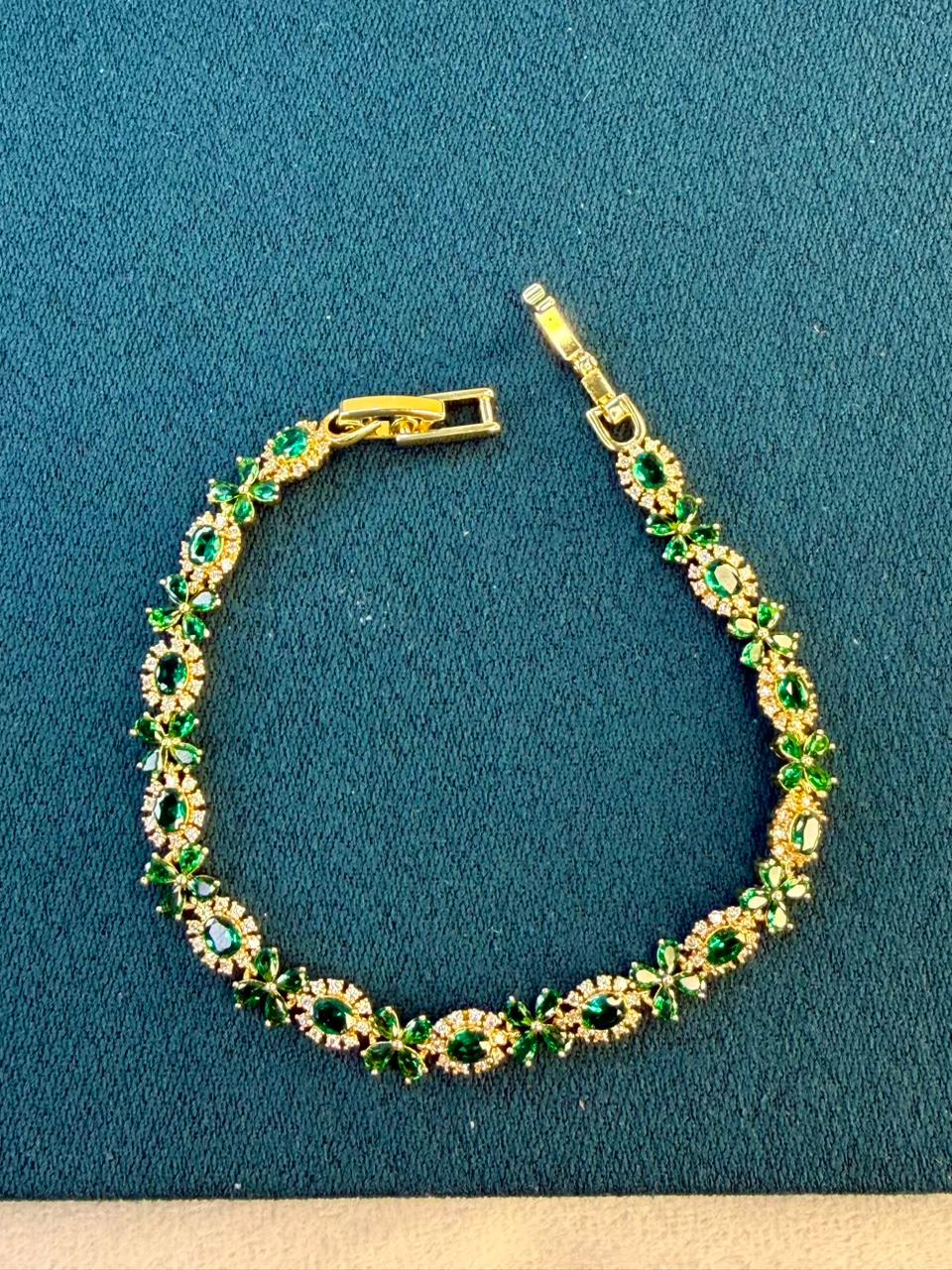 Geometric Drop Round Shaped Emerald Green Stones Gold Plated Tennis Bracelet