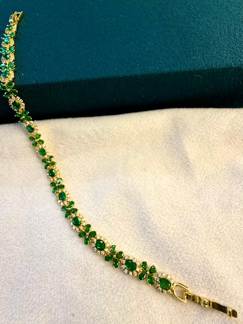 Geometric Drop Round Shaped Emerald Green Stones Gold Plated Tennis Bracelet