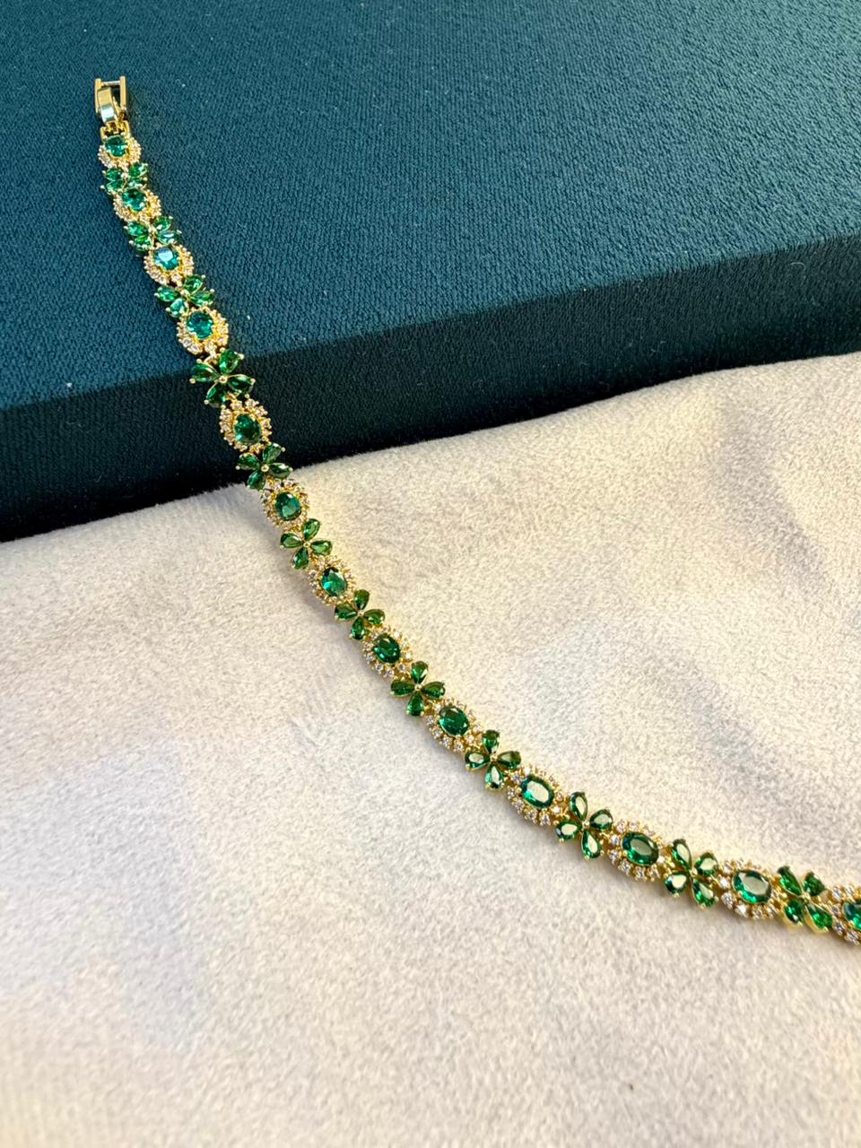 Geometric Drop Round Shaped Emerald Green Stones Gold Plated Tennis Bracelet