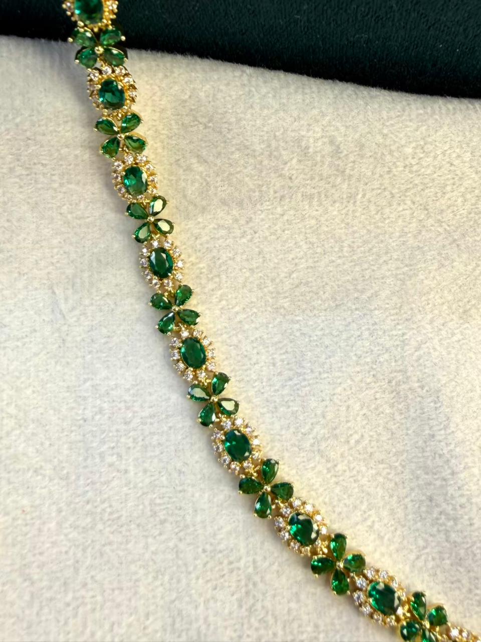Geometric Drop Round Shaped Emerald Green Stones Gold Plated Tennis Bracelet