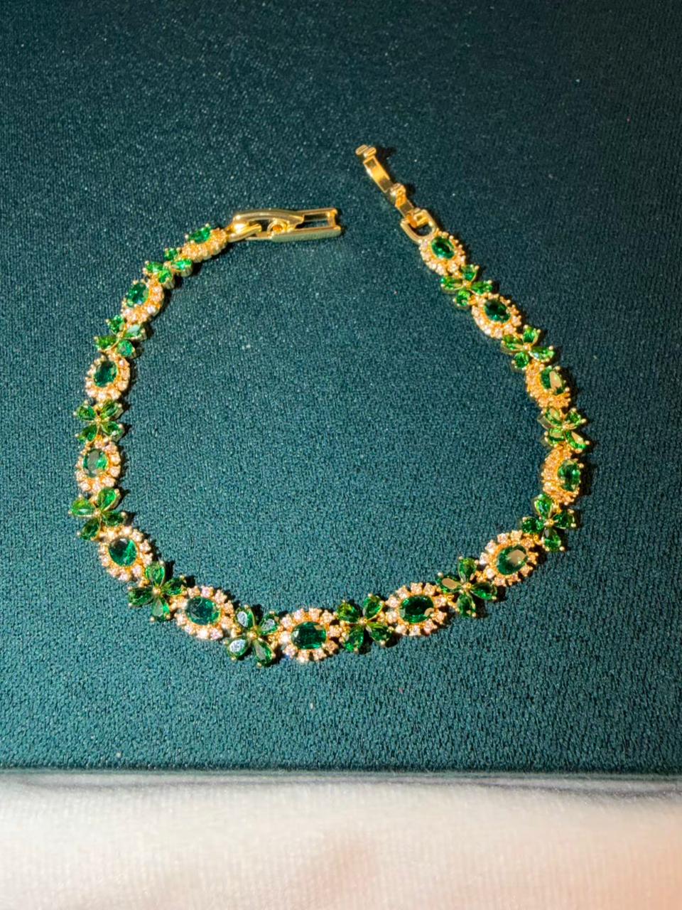 Geometric Drop Round Shaped Emerald Green Stones Gold Plated Tennis Bracelet