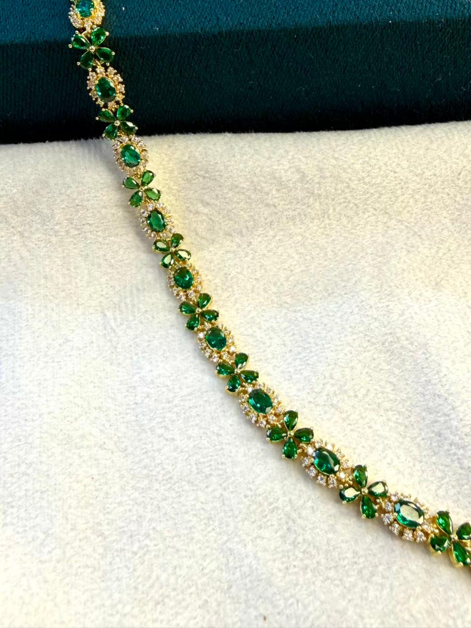 Geometric Drop Round Shaped Emerald Green Stones Gold Plated Tennis Bracelet