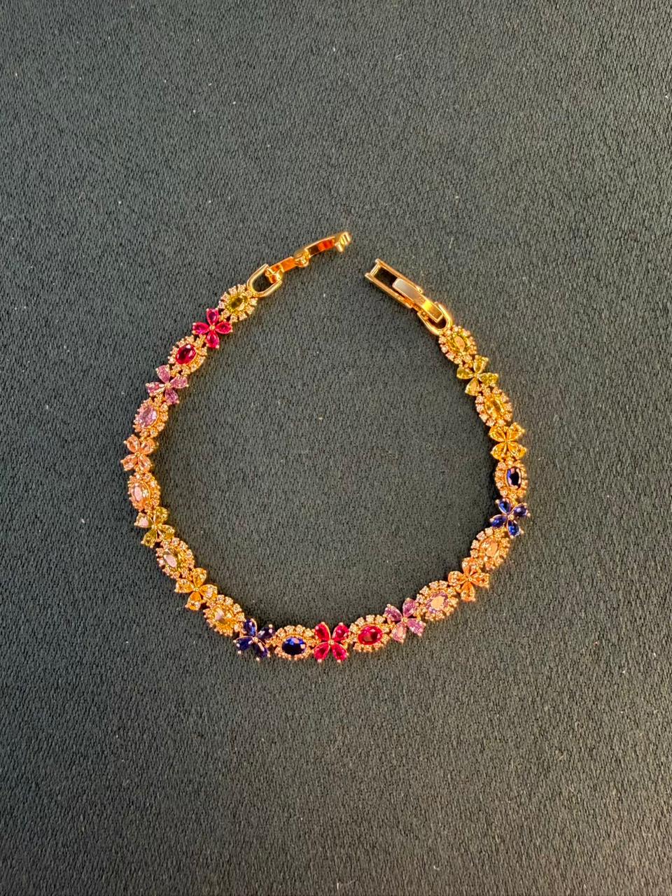 Multicoloured Geometric Drop Round Shaped Gold Plated Tennis Bracelet