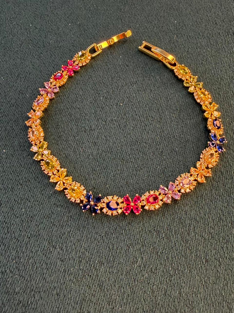 Multicoloured Geometric Drop Round Shaped Gold Plated Tennis Bracelet