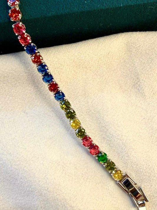 Multicoloured Round Shaped Sequence Silver Plated Tennis Bracelet