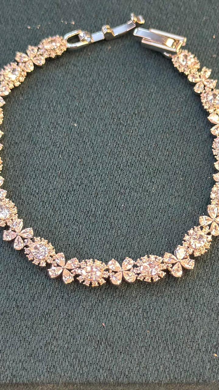 White Stone Geometric Drop Round Shaped Gold Plated Tennis Bracelet