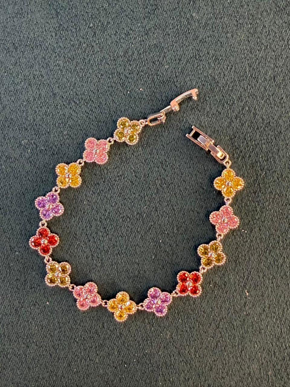 Multicoloured Flower Shaped Silver Plated Tennis Bracelet