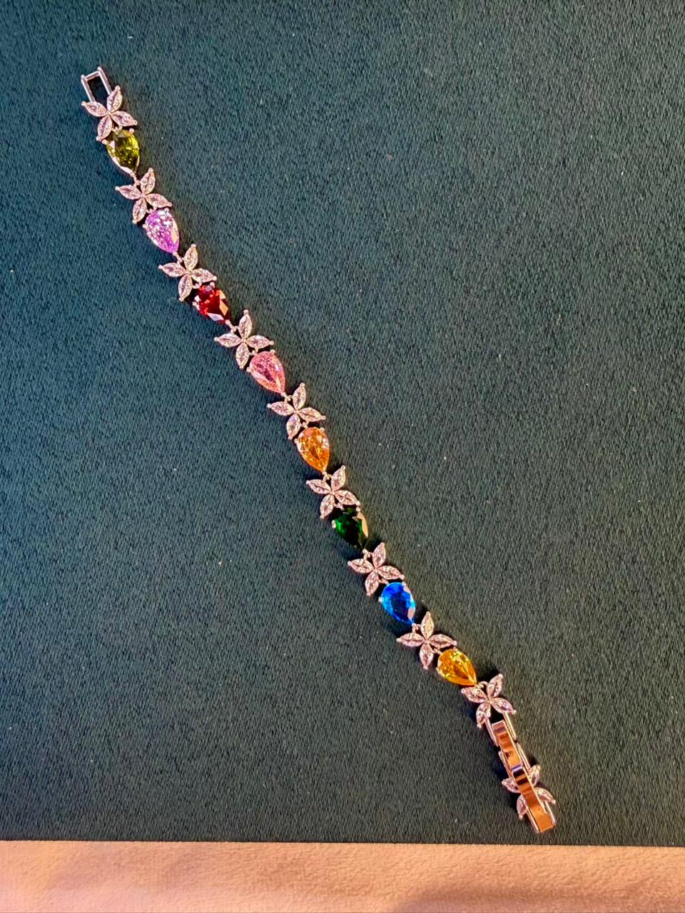 Multicoloured Geometric Drop Shaped Silver Plated Tennis Bracelet