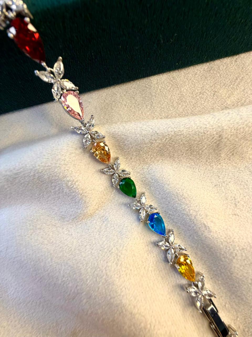 Multicoloured Geometric Drop Shaped Silver Plated Tennis Bracelet