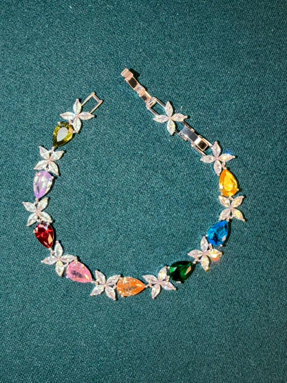 Multicoloured Geometric Drop Shaped Silver Plated Tennis Bracelet