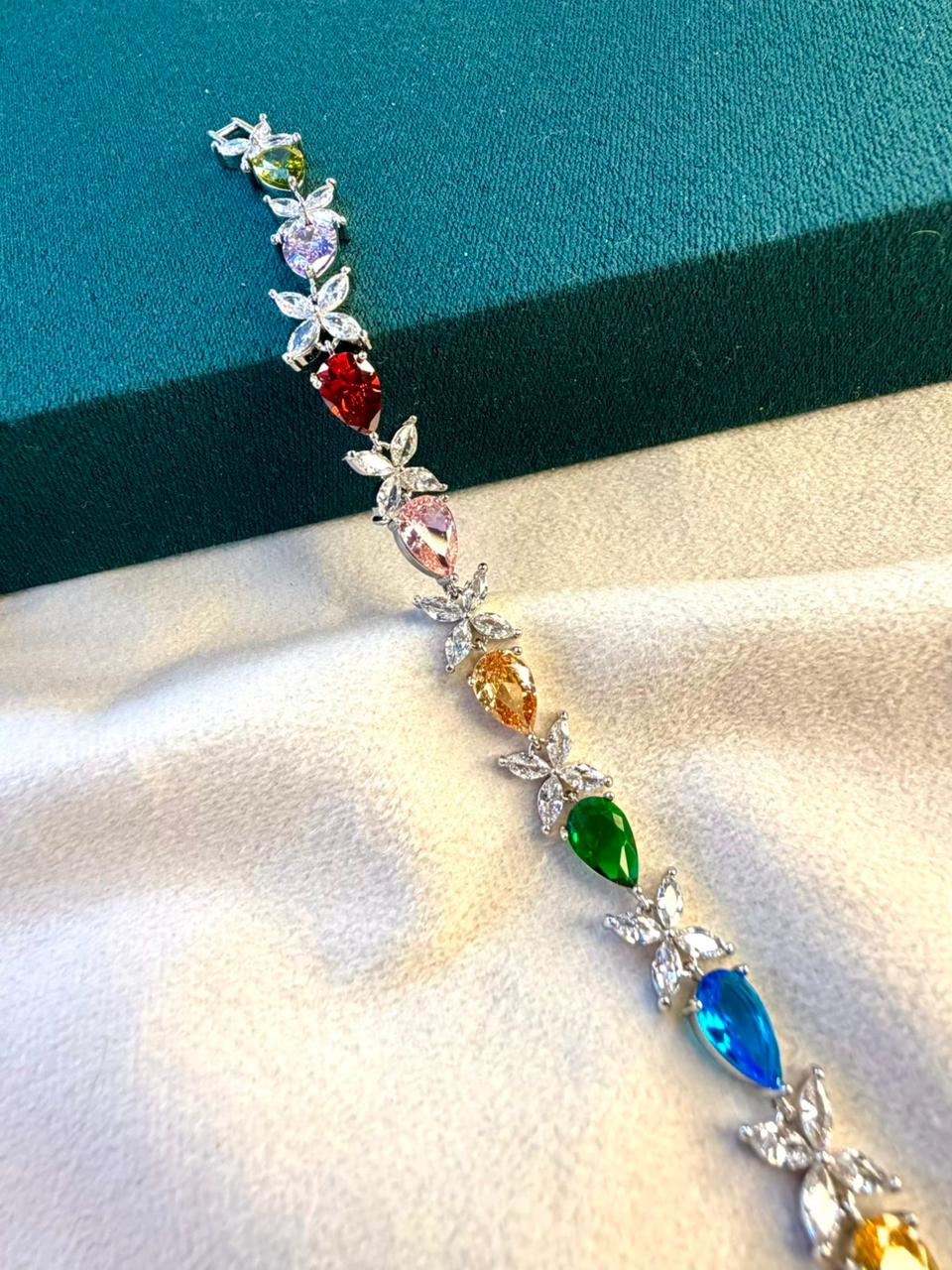 Multicoloured Geometric Drop Shaped Silver Plated Tennis Bracelet