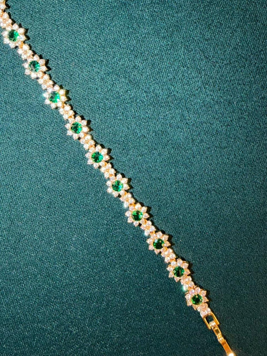Emerald Green Flower Shaped Rose Gold Plated Tennis Bracelet