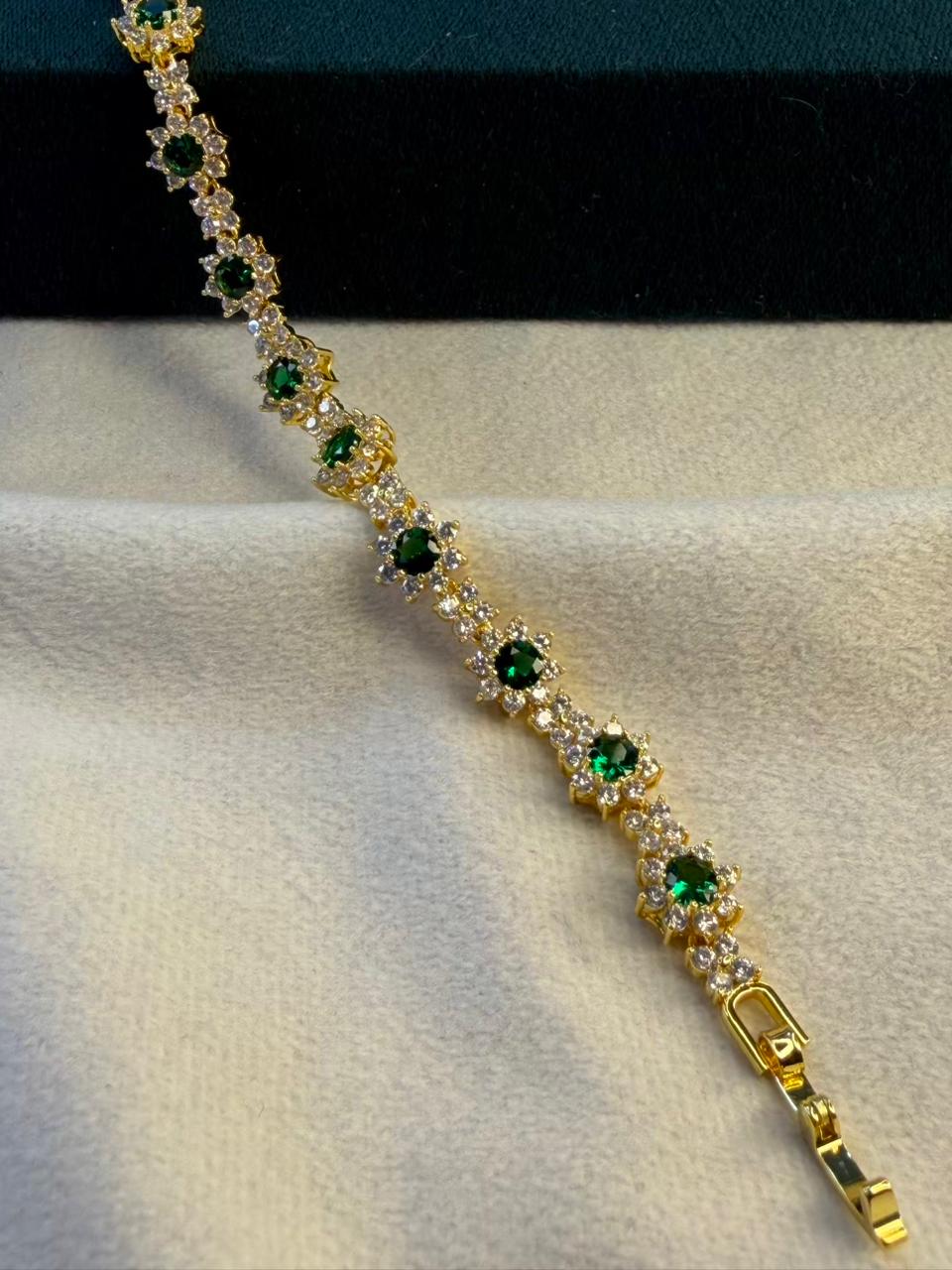 Emerald Green Flower Shaped Rose Gold Plated Tennis Bracelet