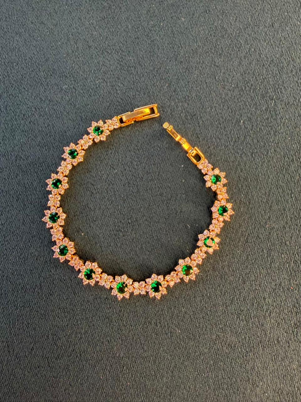 Emerald Green Flower Shaped Rose Gold Plated Tennis Bracelet