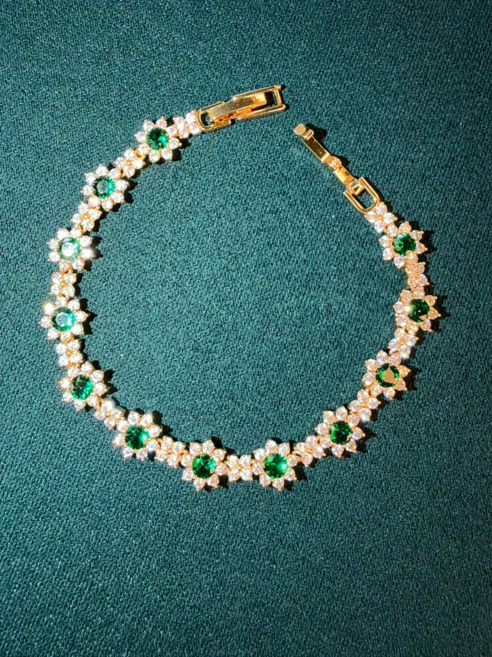 Emerald Green Flower Shaped Rose Gold Plated Tennis Bracelet