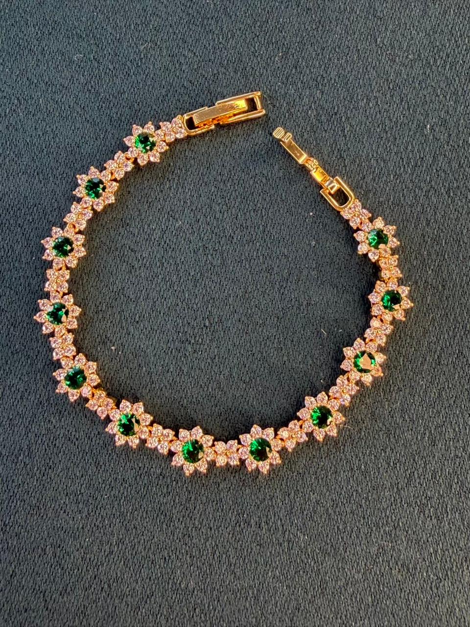 Emerald Green Flower Shaped Rose Gold Plated Tennis Bracelet