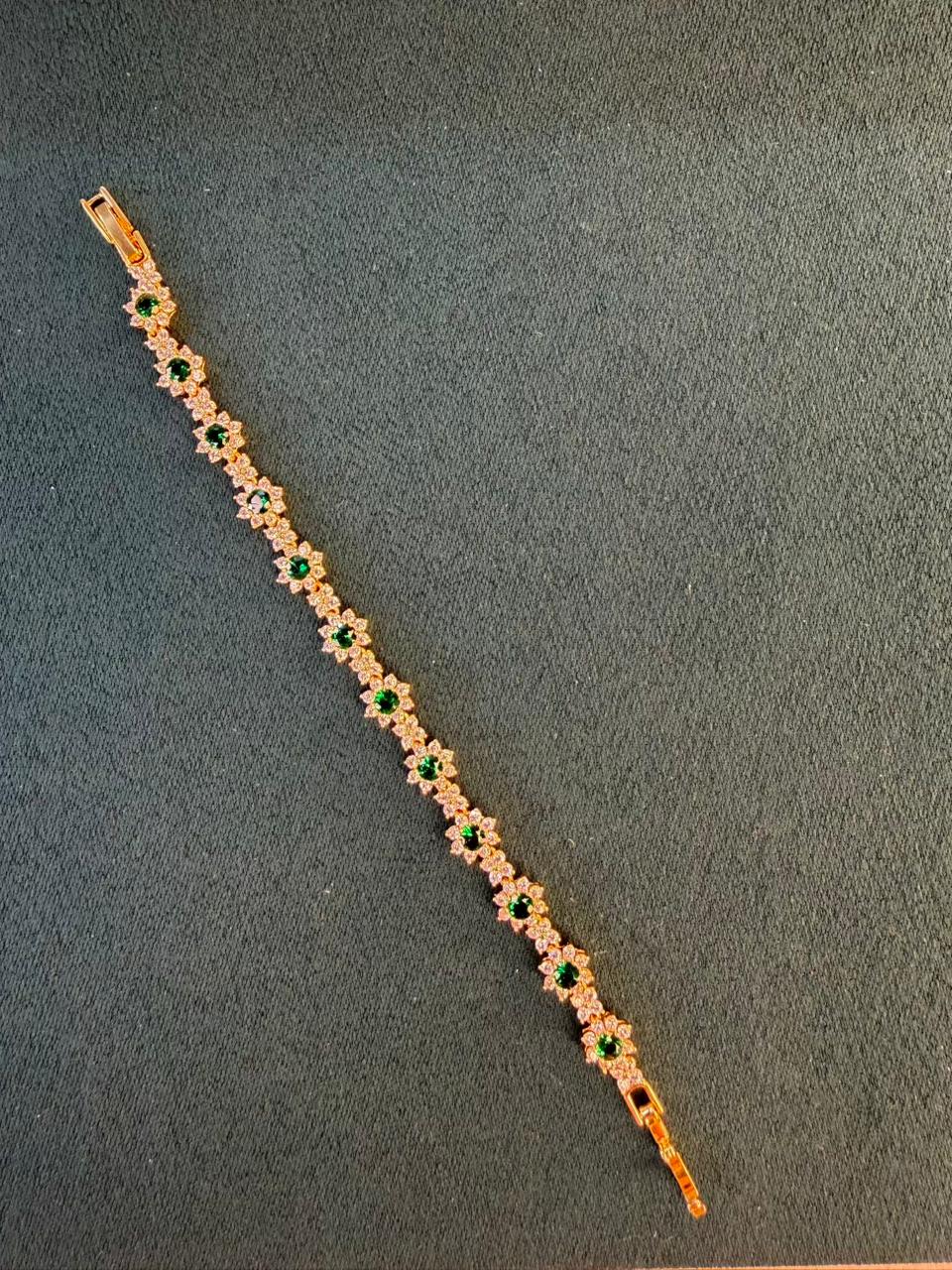 Emerald Green Flower Shaped Rose Gold Plated Tennis Bracelet
