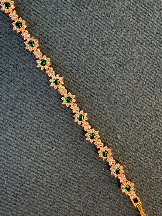 Emerald Green Flower Shaped Rose Gold Plated Tennis Bracelet