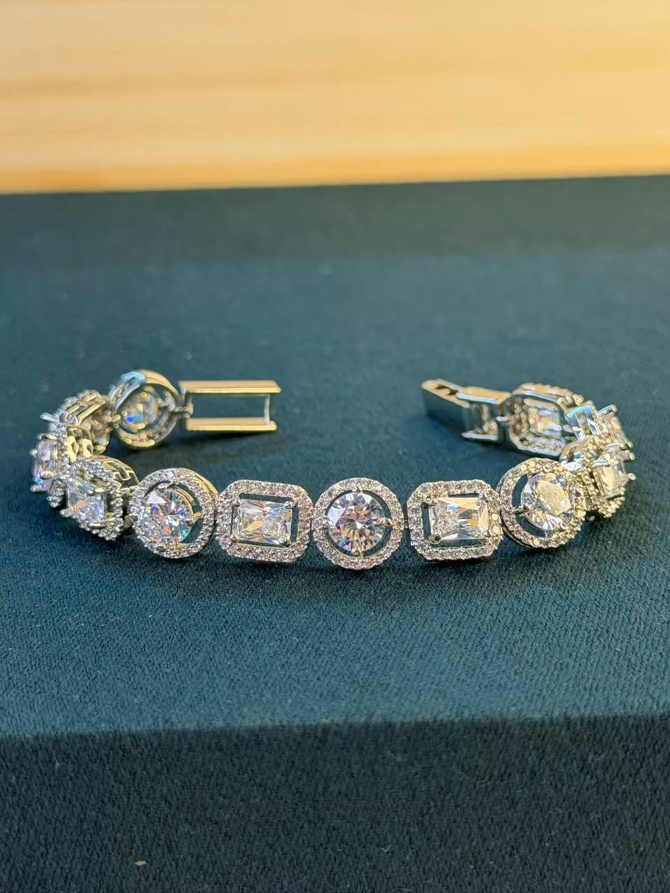 White Stones Round Square Shaped Silver Plated Tennis Bracelet