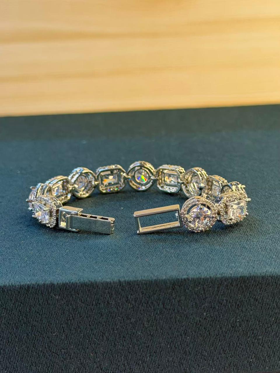 White Stones Round Square Shaped Silver Plated Tennis Bracelet