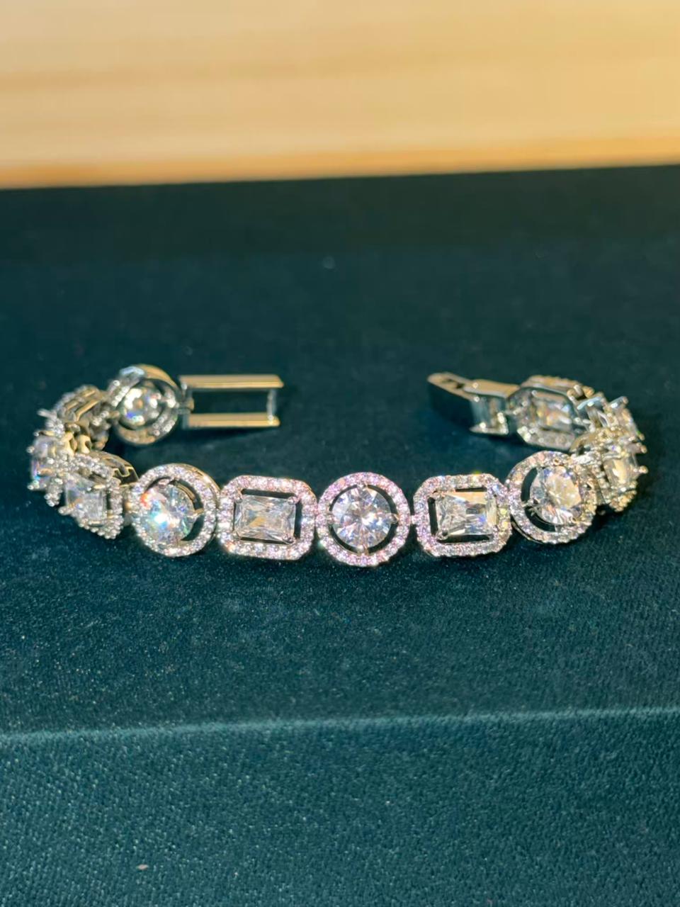 White Stones Round Square Shaped Silver Plated Tennis Bracelet