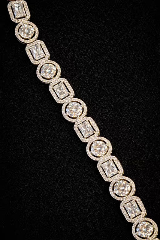 White Stones Round Square Shaped Silver Plated Tennis Bracelet