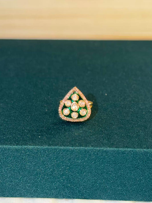 Emerald Green Colour Drop Shape Gold Plated Ring Size Adjustable