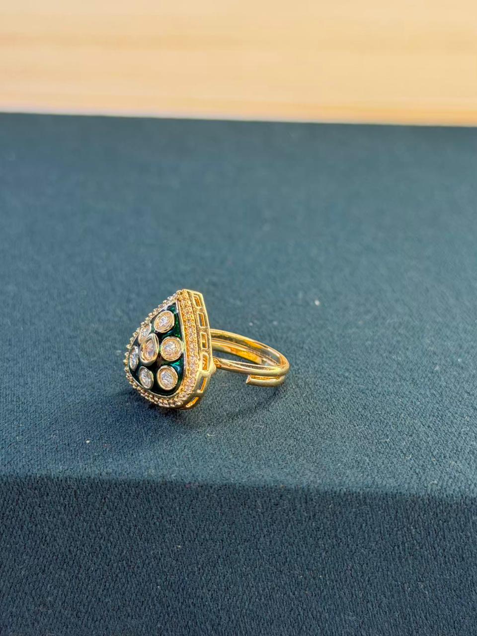 Emerald Green Colour Drop Shape Gold Plated Ring Size Adjustable