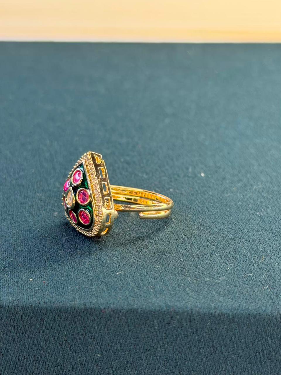Green and Pink Colour Drop Shape Gold Plated Ring Size Adjustable