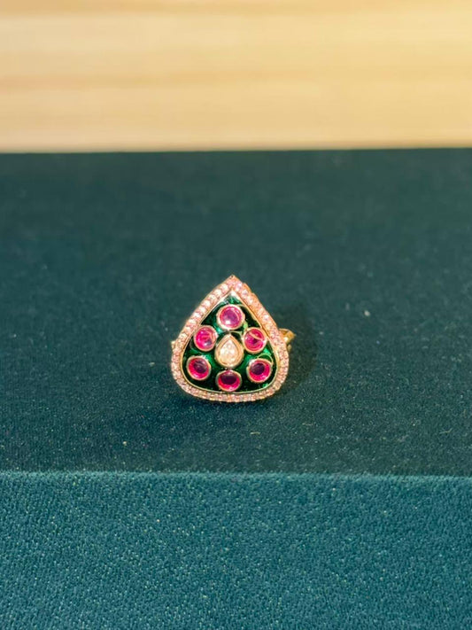 Green and Pink Colour Drop Shape Gold Plated Ring Size Adjustable