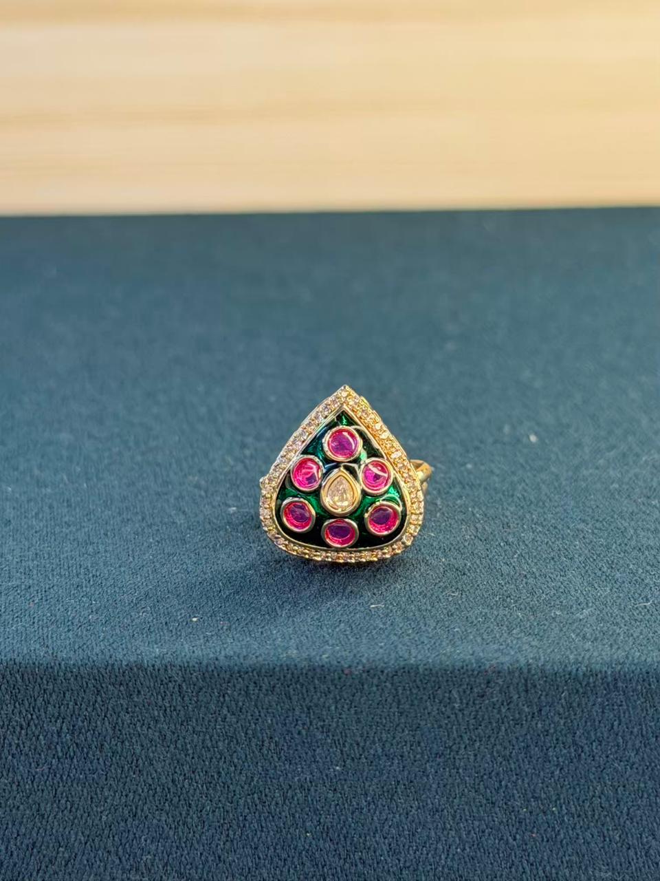 Green and Pink Colour Drop Shape Gold Plated Ring Size Adjustable