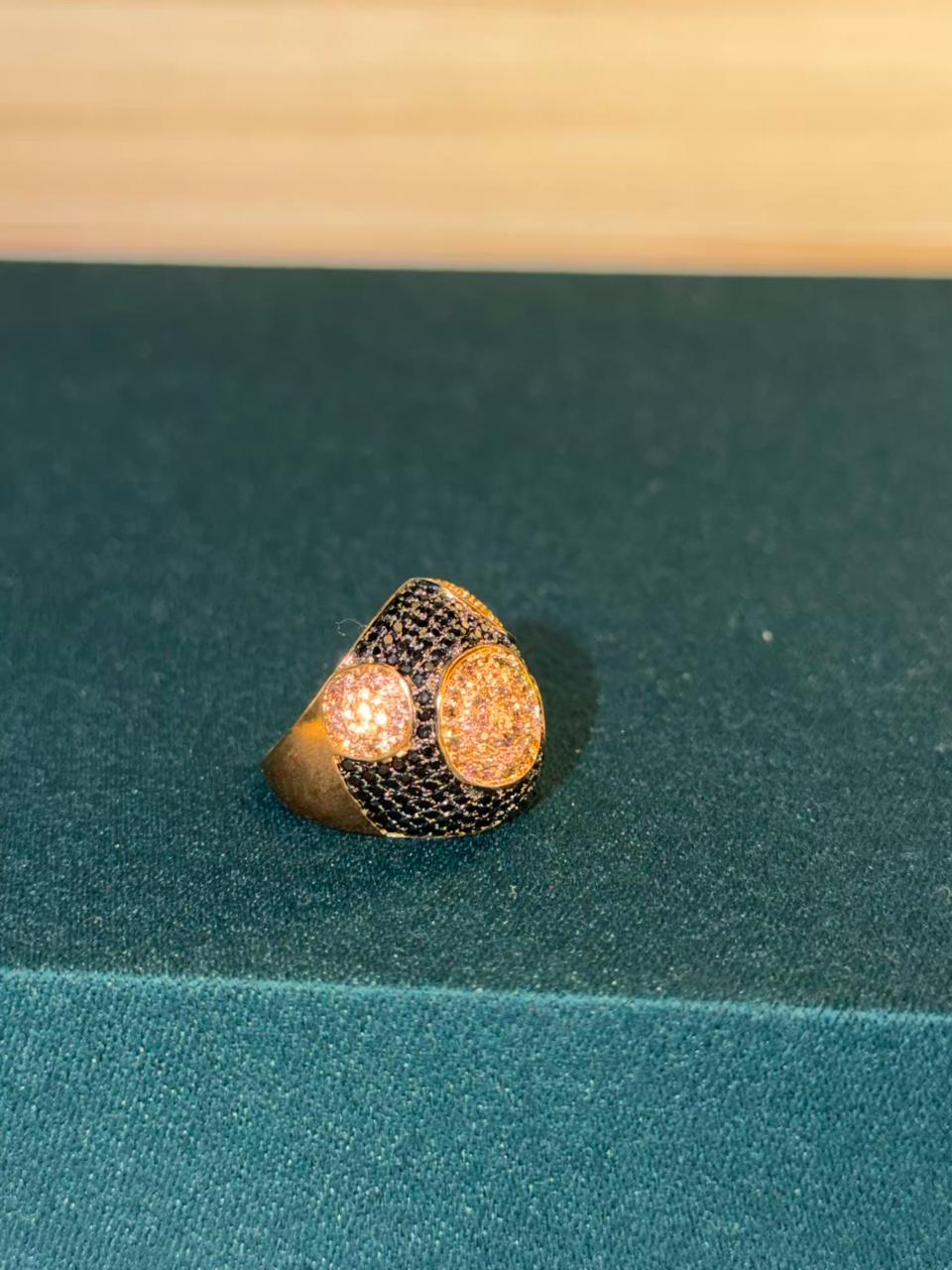 Black Stone Round Gold Plated Ring Size Adjustable