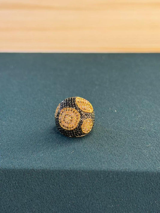 Black Stone Round Gold Plated Ring Size Adjustable