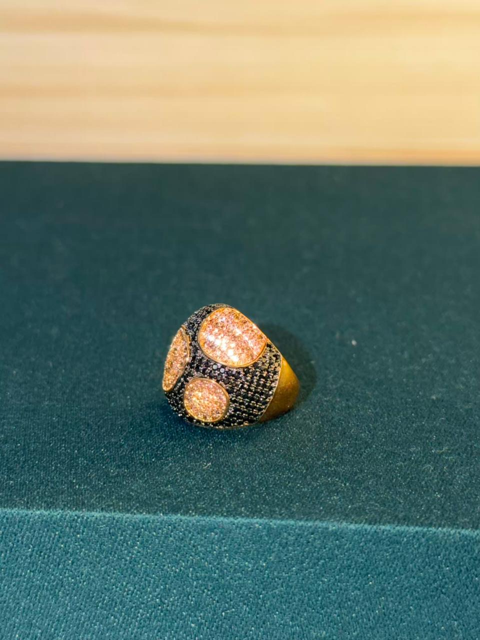 Black Stone Round Gold Plated Ring Size Adjustable