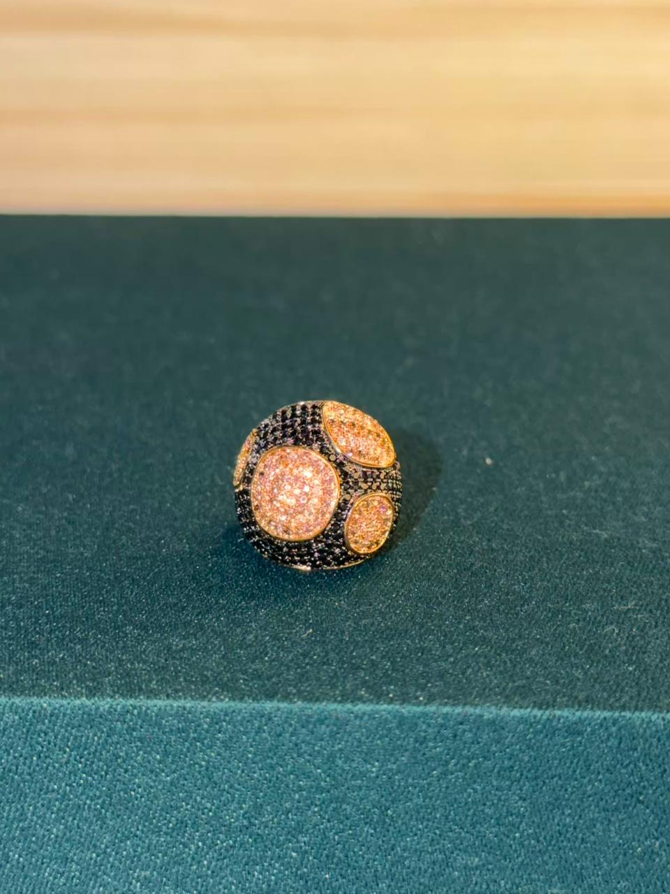 Black Stone Round Gold Plated Ring Size Adjustable