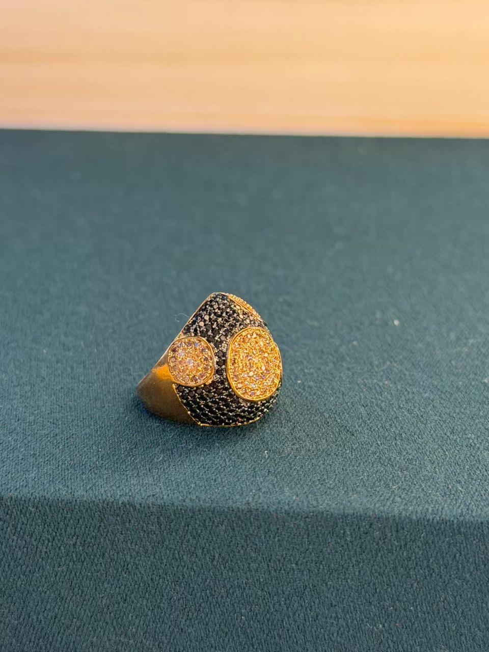 Black Stone Round Gold Plated Ring Size Adjustable