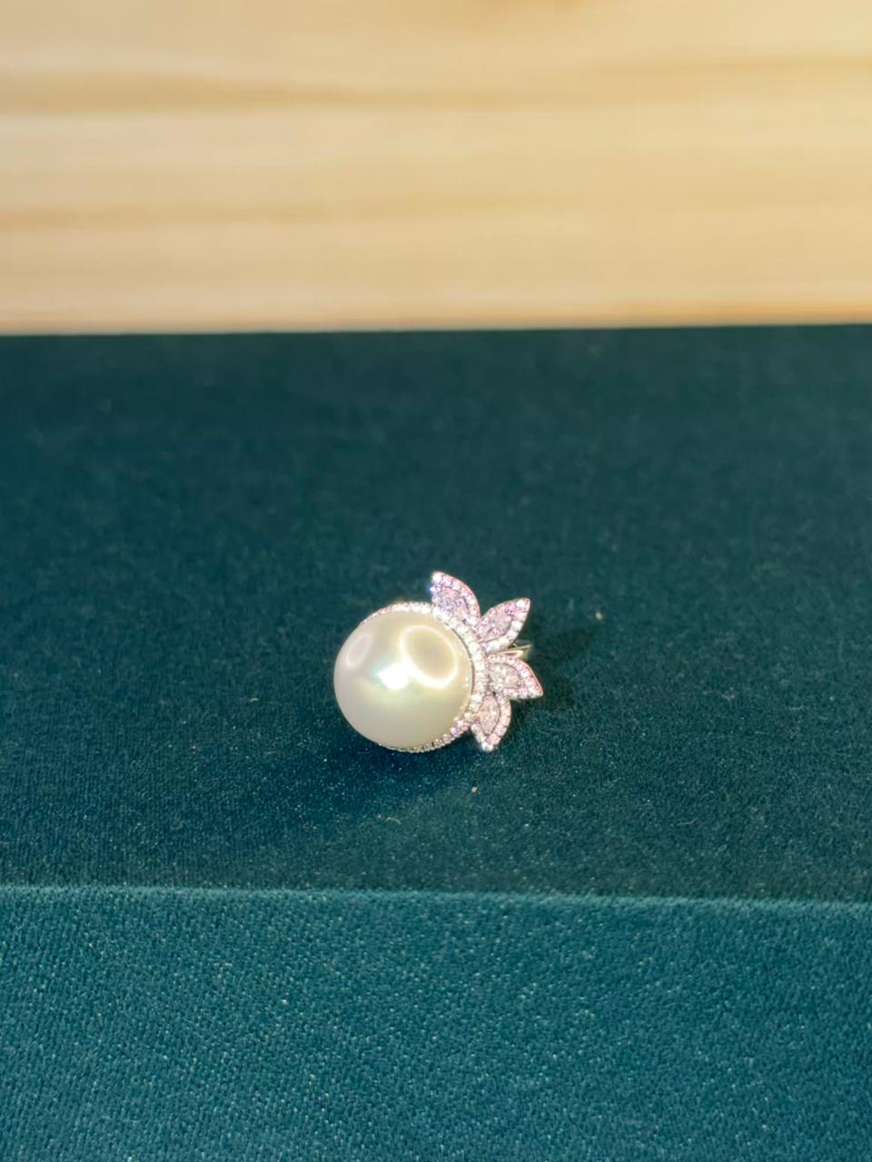 White Pearl and Stone Floral Design Silver Plated Ring Size Adjustable