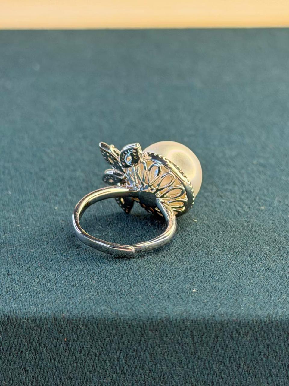 White Pearl and Stone Floral Design Silver Plated Ring Size Adjustable