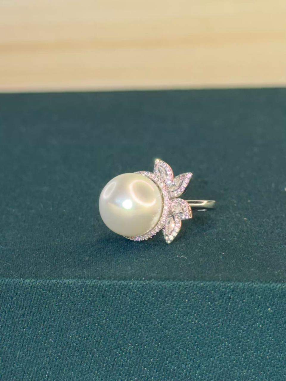White Pearl and Stone Floral Design Silver Plated Ring Size Adjustable