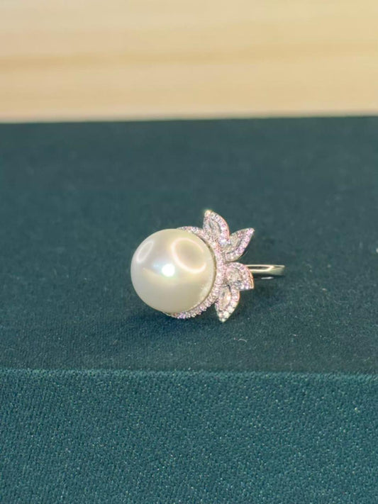 White Pearl and Stone Floral Design Silver Plated Ring Size Adjustable