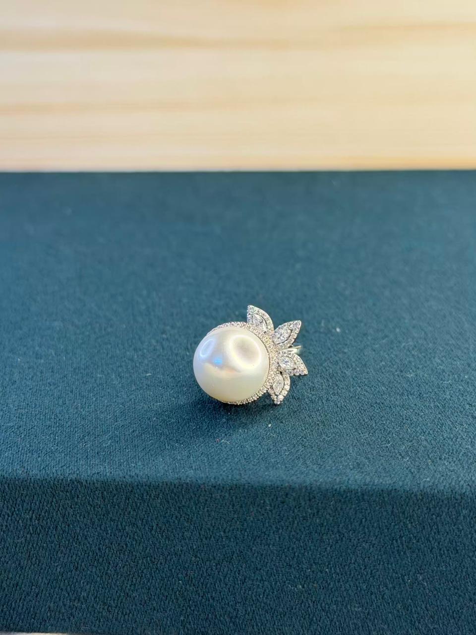 White Pearl and Stone Floral Design Silver Plated Ring Size Adjustable