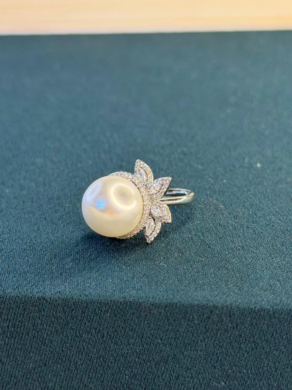 White Pearl and Stone Floral Design Silver Plated Ring Size Adjustable