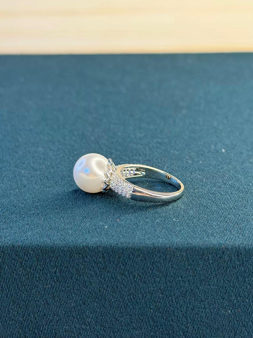 White Pearl with Stone Studded Band  Silver Plated Ring Size 8 US