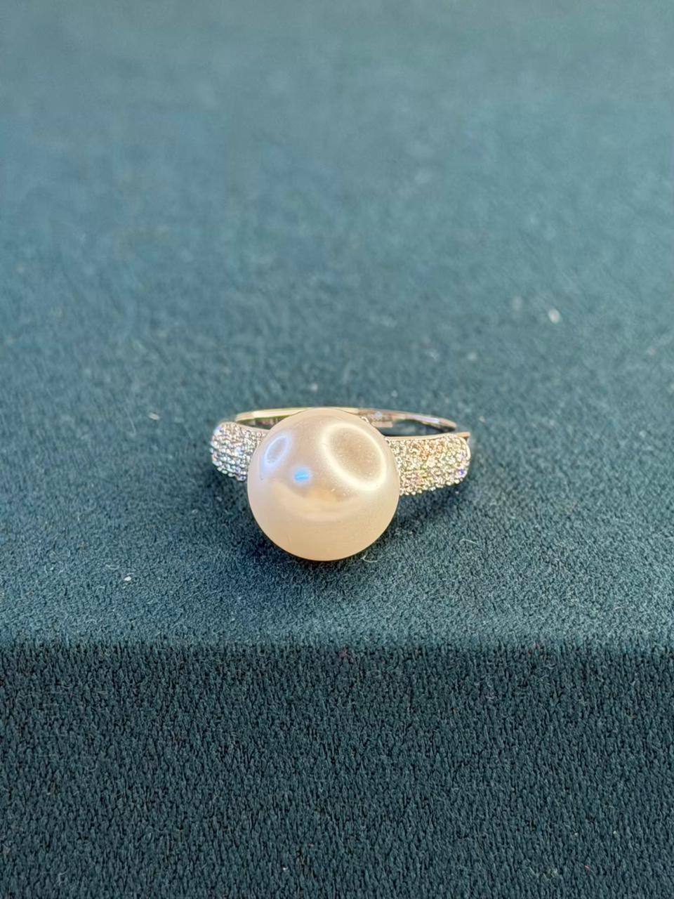 White Pearl with Stone Studded Band  Silver Plated Ring Size 8 US