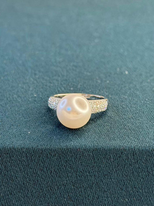 White Pearl with Stone Studded Band  Silver Plated Ring Size 8 US
