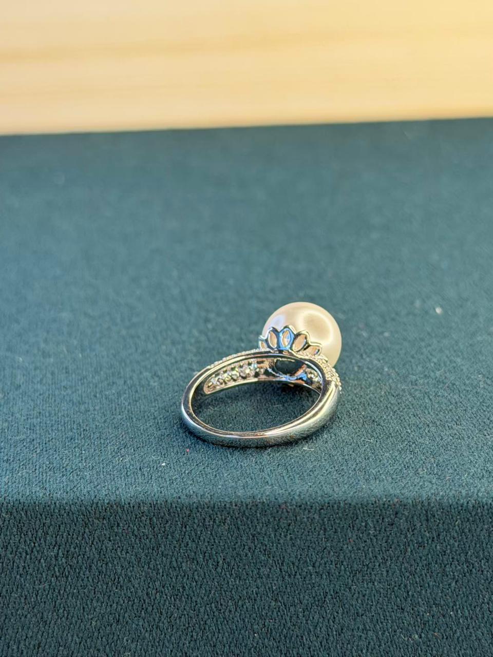 White Pearl with Stone Studded Band  Silver Plated Ring Size 8 US