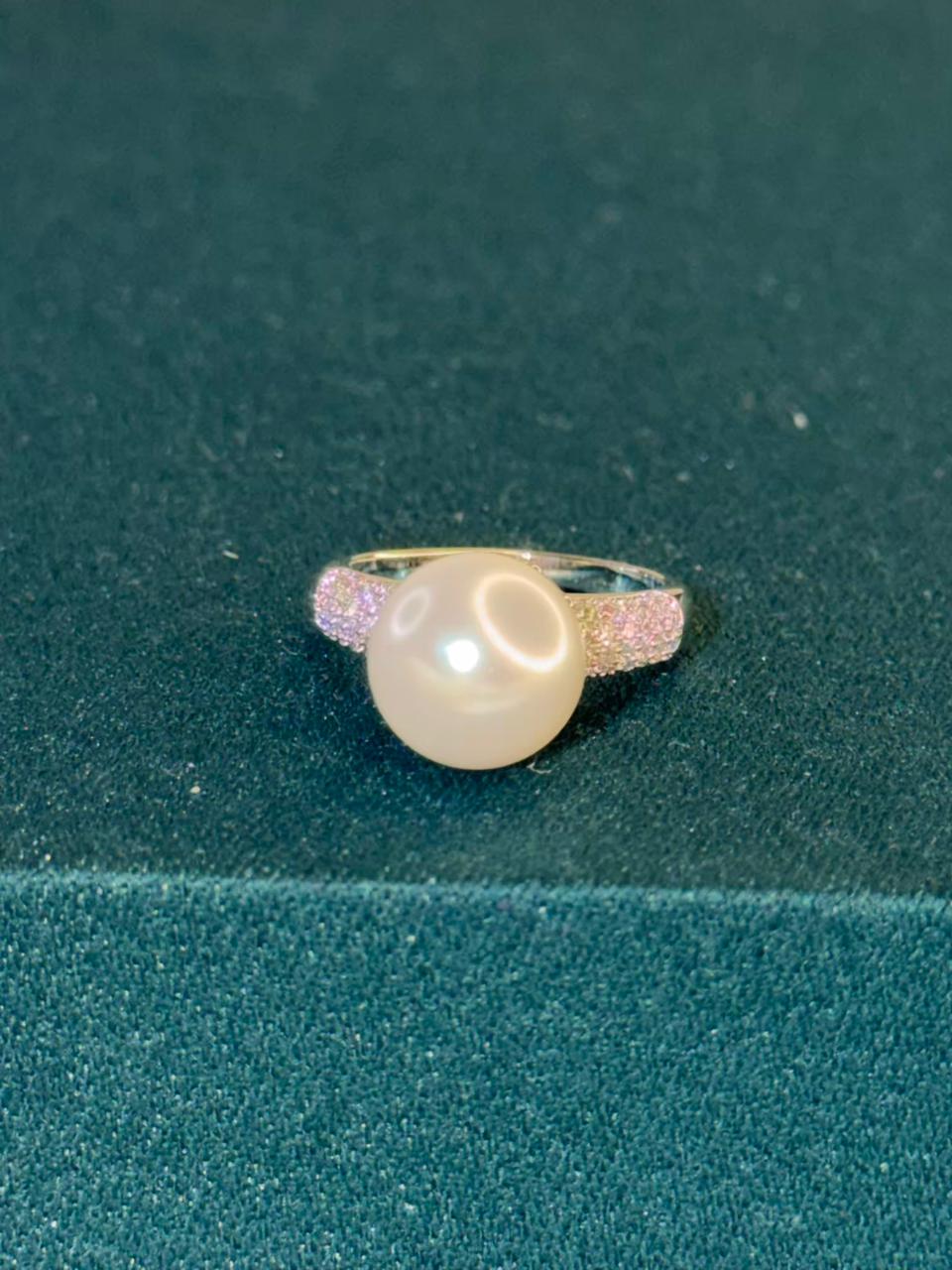 White Pearl with Stone Studded Band  Silver Plated Ring Size 8 US