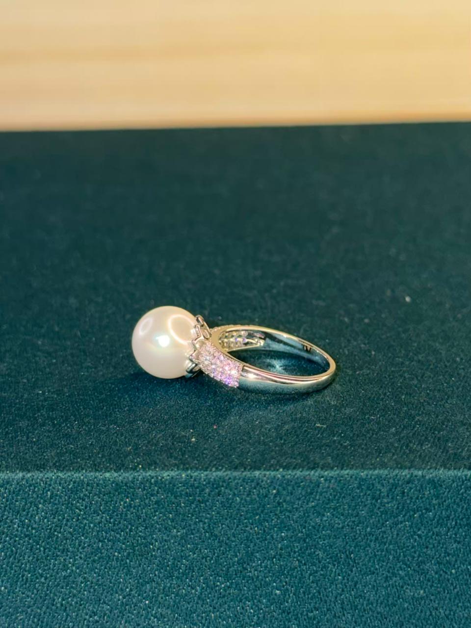 White Pearl with Stone Studded Band  Silver Plated Ring Size 8 US