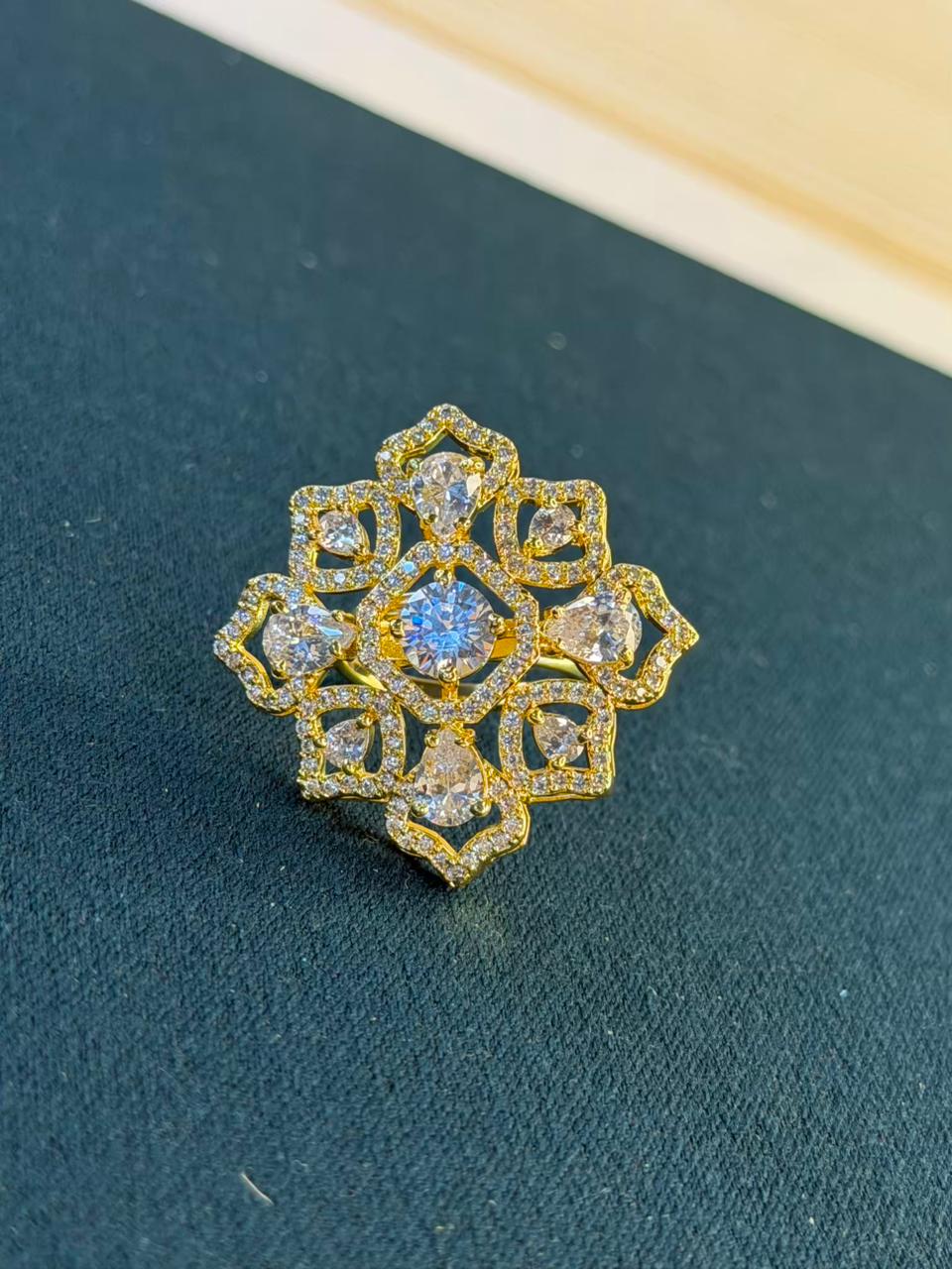 Stone Studded Geometric Design Gold Plated Band Ring Size Adjustable